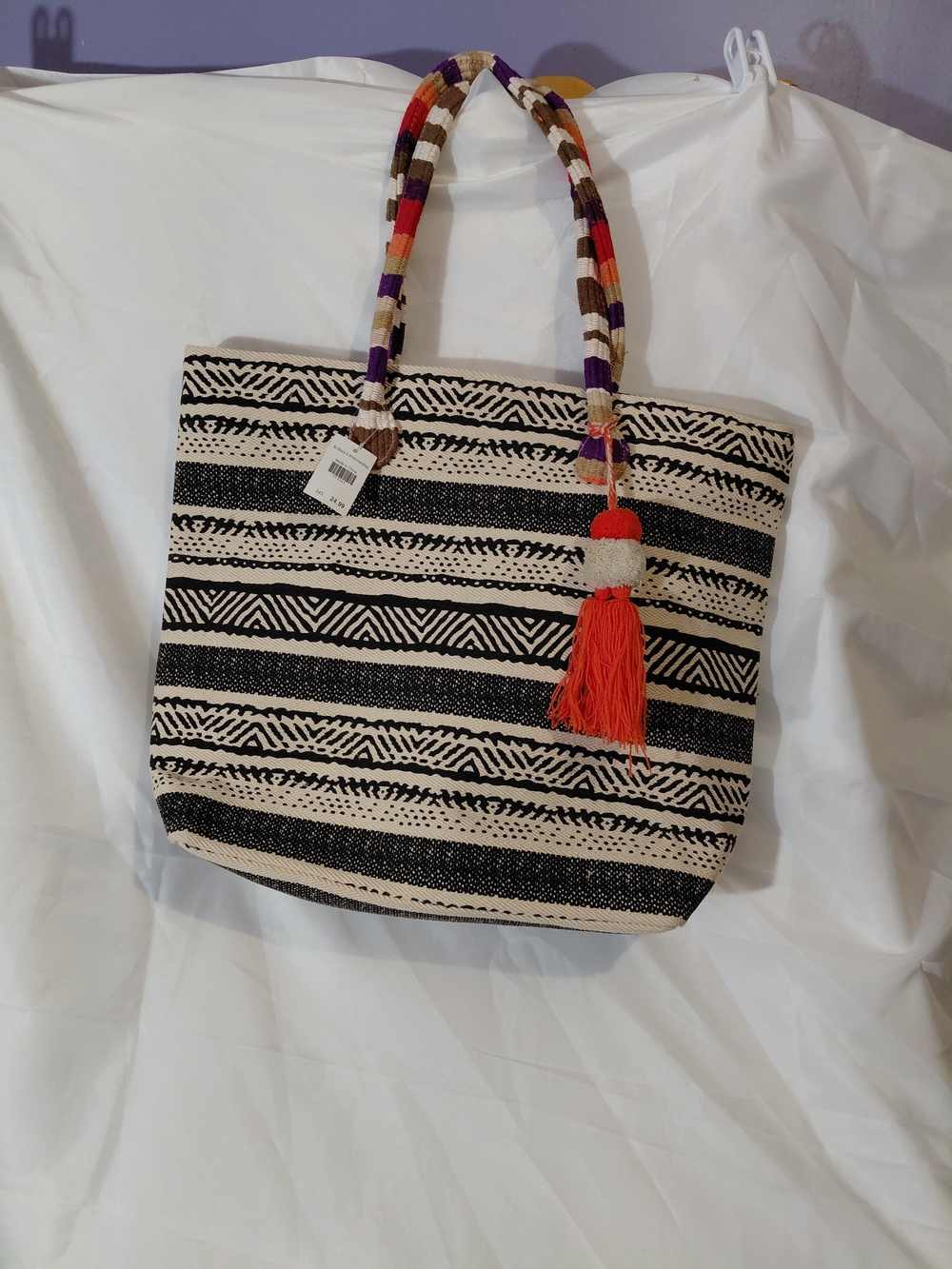 Source Unknown Black & Cream Striped Tote with Colorful Rope Handles